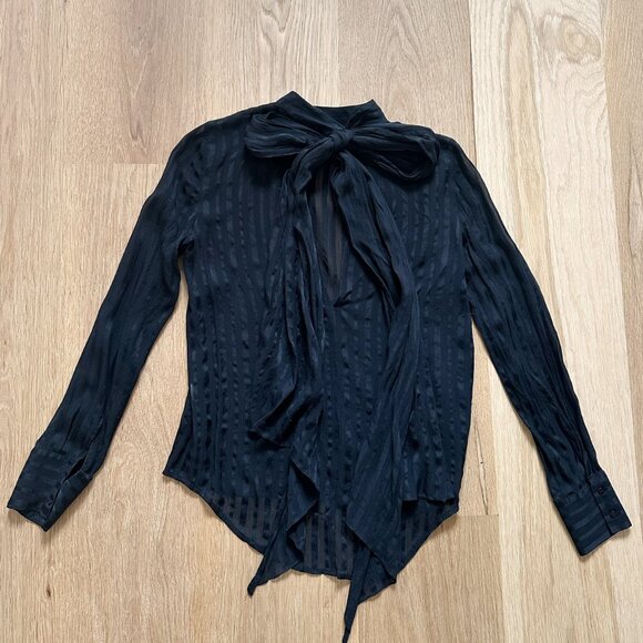 Zara Semi-Sheer Striped Neck Tie Blouse, Size XS - Picture 4 of 4